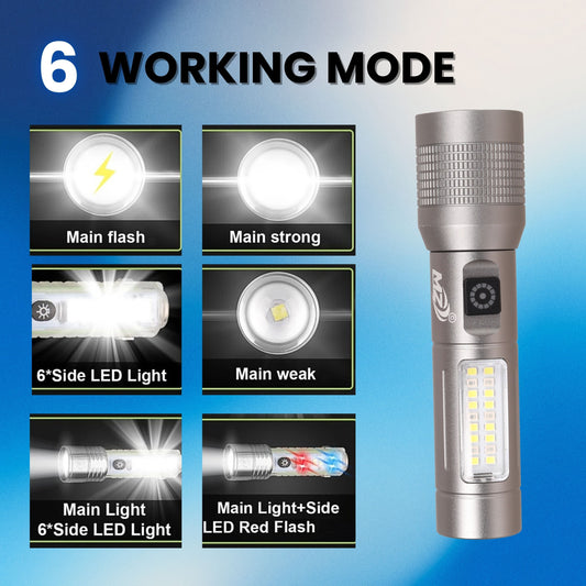 Multi-Function LED Flashlight – Zoom Focus, Side COB Light & USB Rechargeable