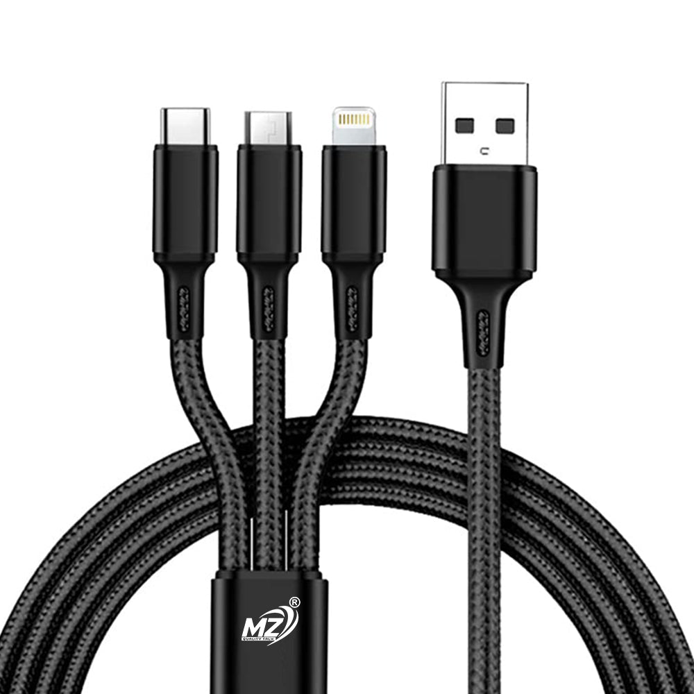 3-in-1 Cable 1.2 m 1121  (Compatible with Android, IOS, Black, One Cable)